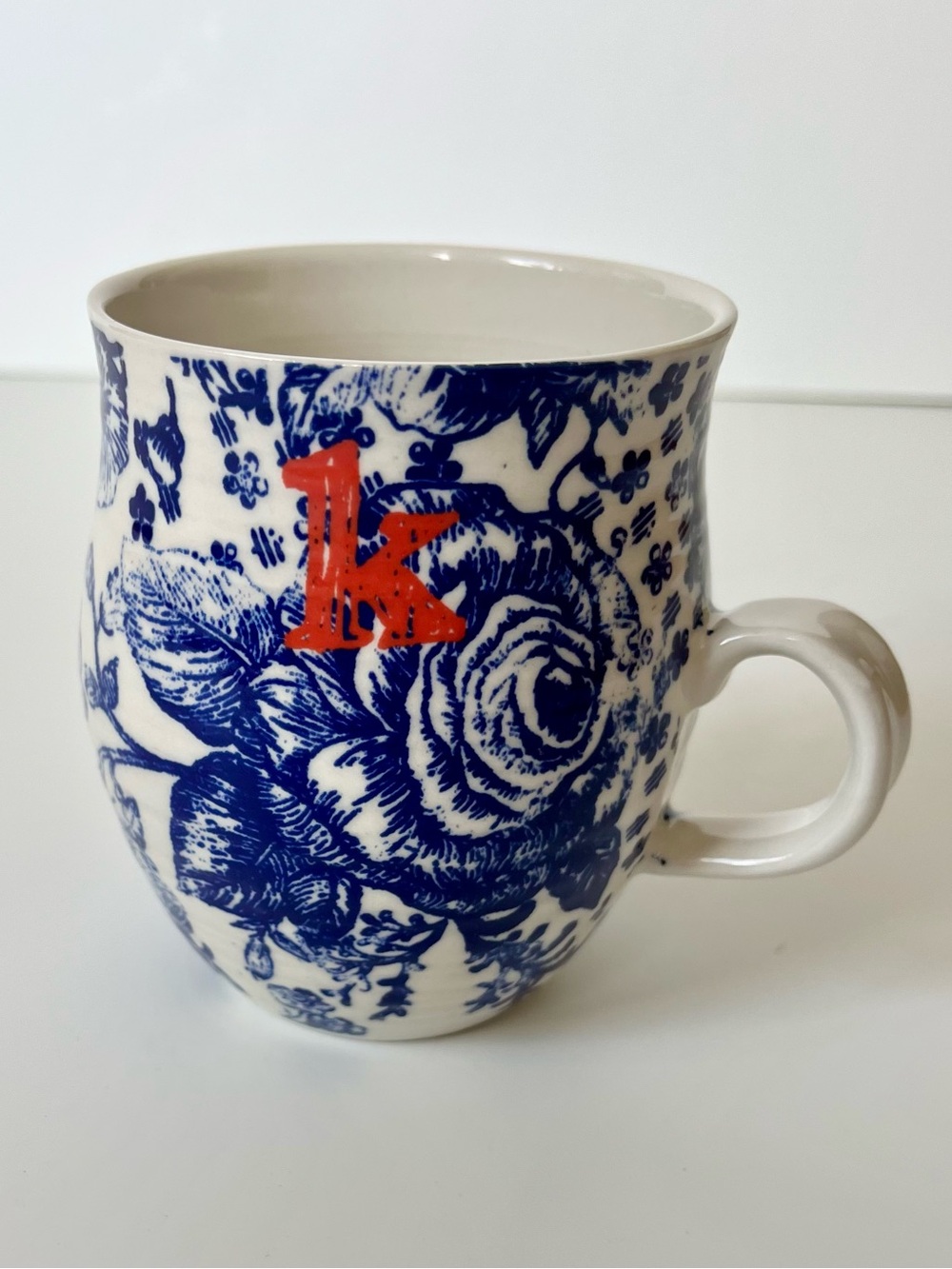 Anthropologie Homegrown Coffee Mug K Momogram Blue Floral with Red Letter